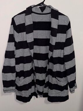 Cotton Striped Open-Front Women's Cardigan Sweater - Black & Gray